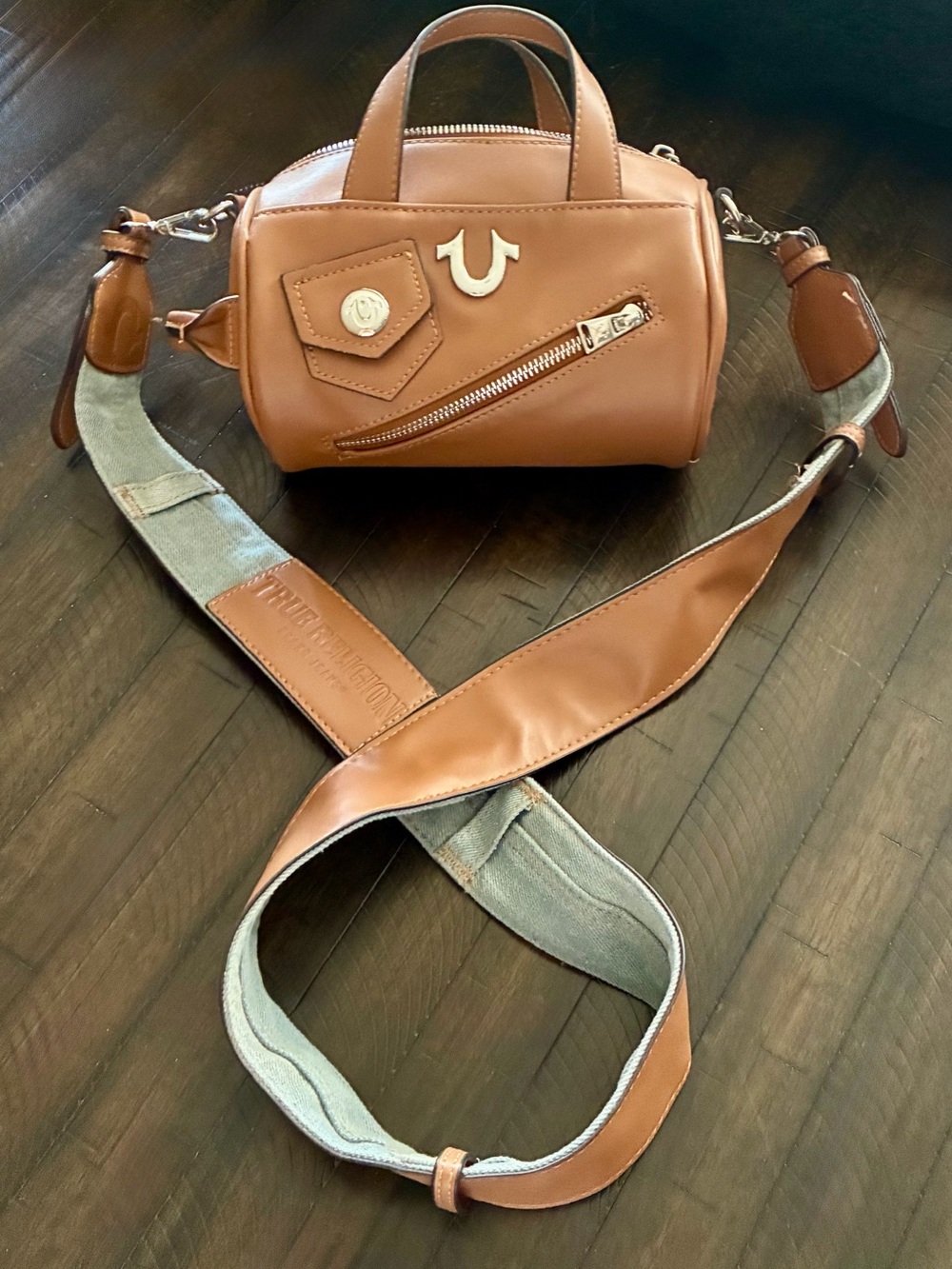 True Religion Women's Mini Duffel Crossbody Bag-Cognac Brown Barrel Purse